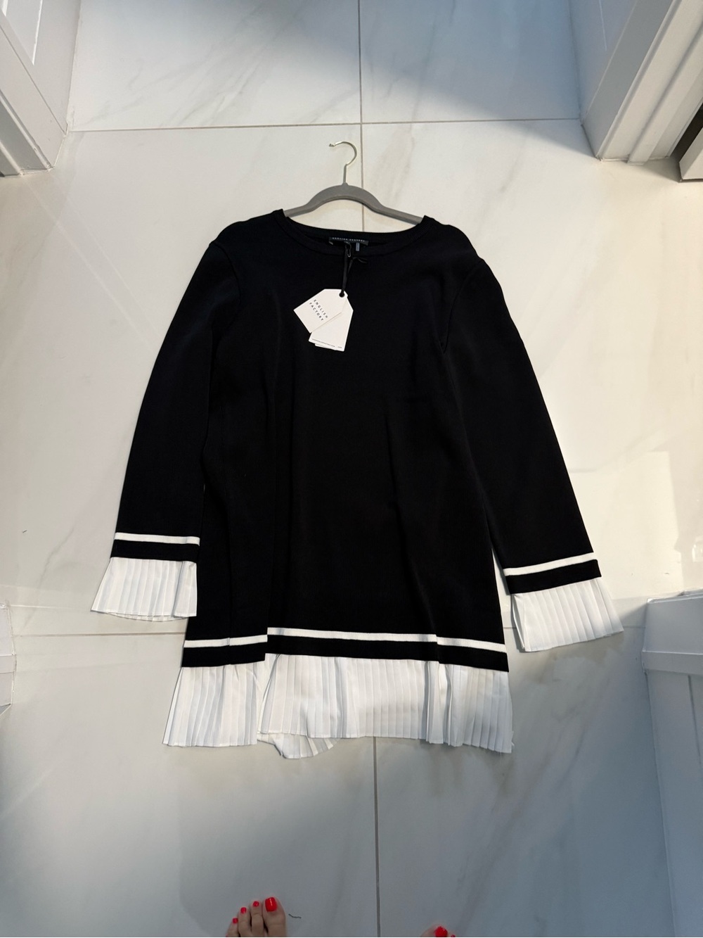 English Factory Black DRESS with White Pleated Hem & Cuff Trim